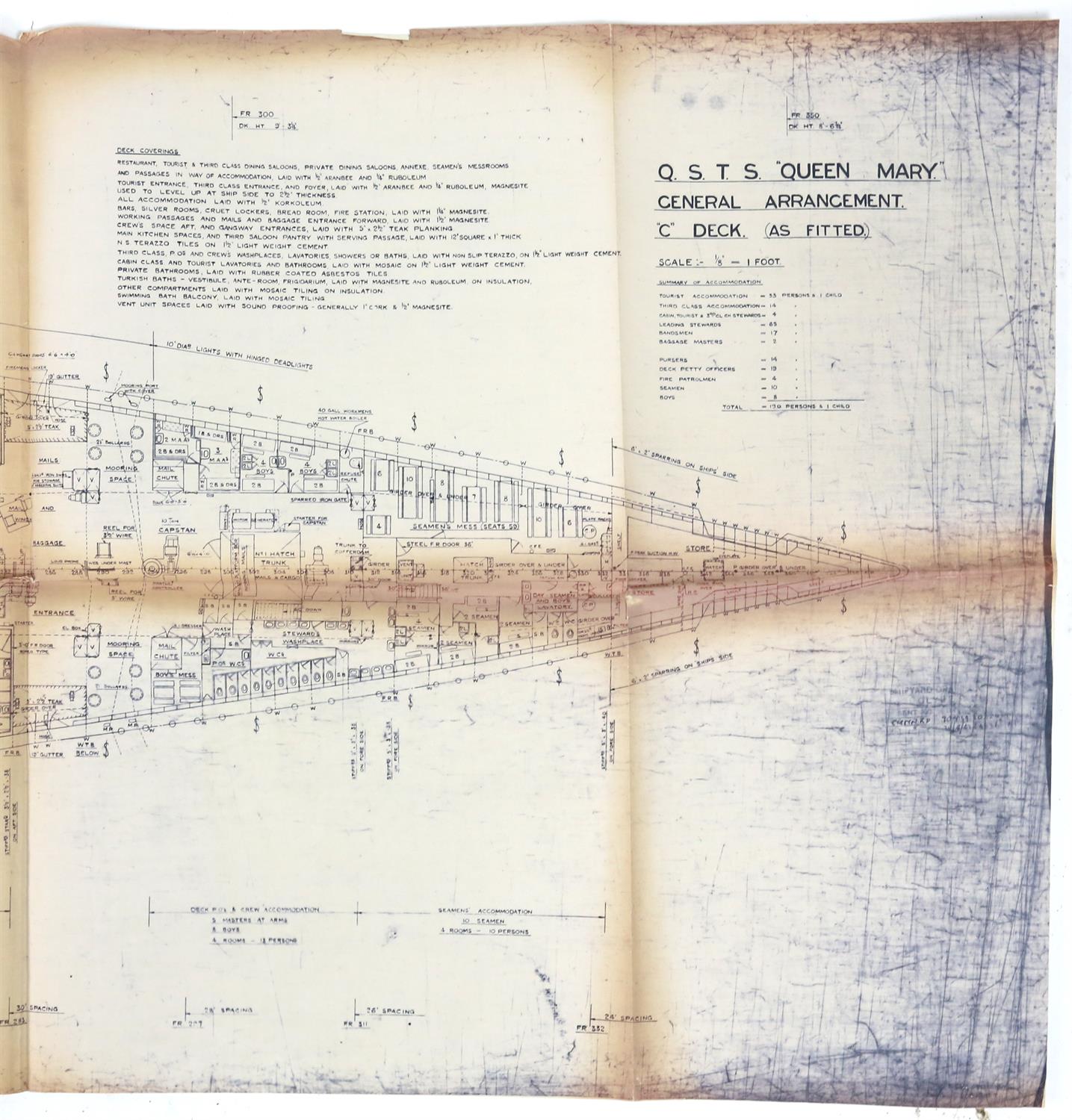 Full set of wartime deck plans for RMS Queen Mary, comprising 14 deck plans, each 2ft x 11ft and a - Image 64 of 80