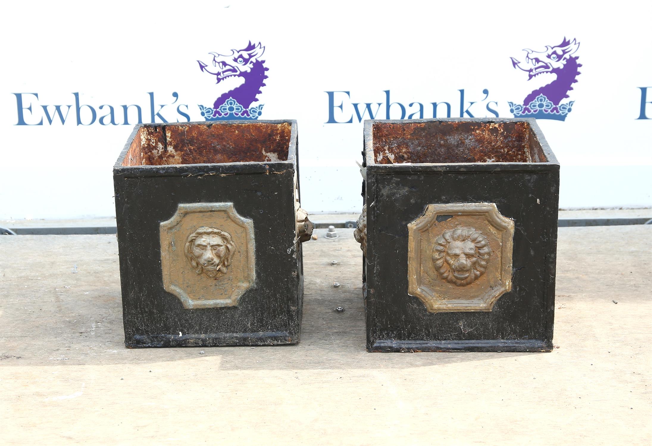 Pair of wrought iron square planters with lion masks to each side, H30 x W31 x D31cm