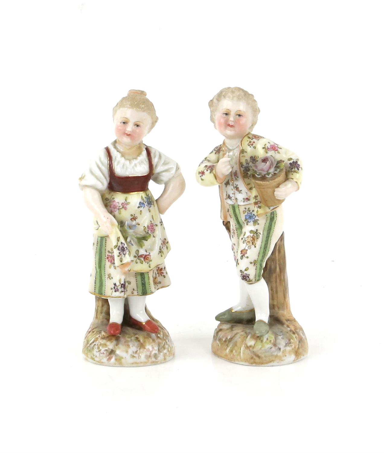 Pair of Volkstedt figures, boy with a flower pot and a girl holding up her apron, 10. - Image 2 of 24