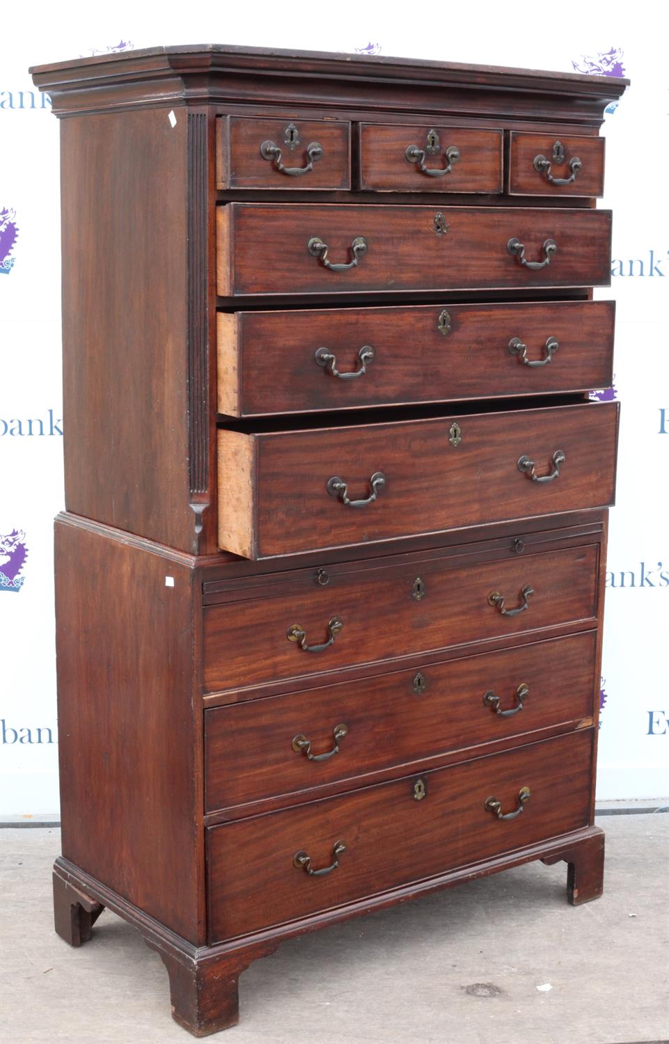 George III mahogany chest on chest, with three short drawers over six long drawers on bracket base, - Image 3 of 4