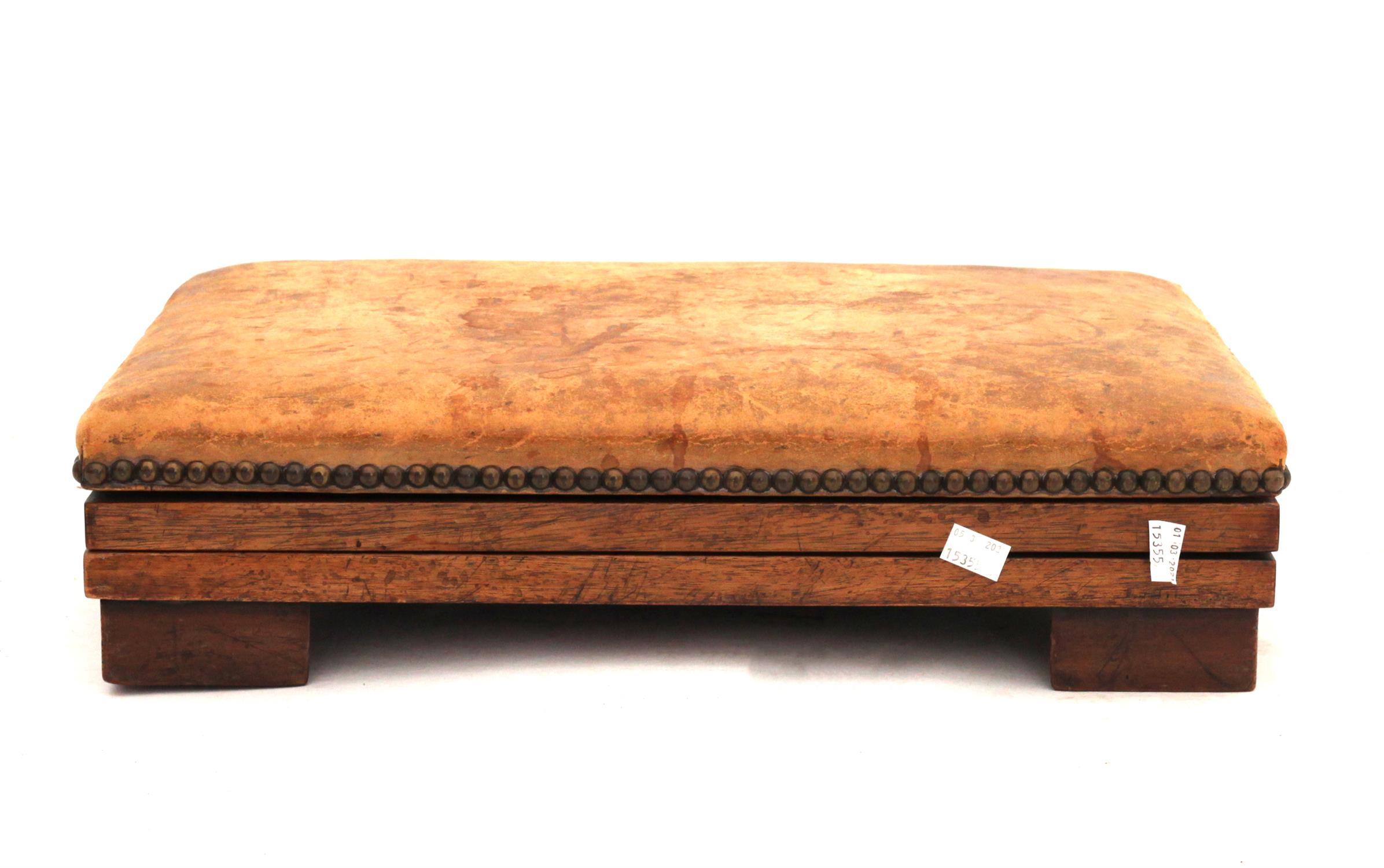 19th century mahogany adjustable footstool with studded leather upholstery, H12 x W51 x D40cm