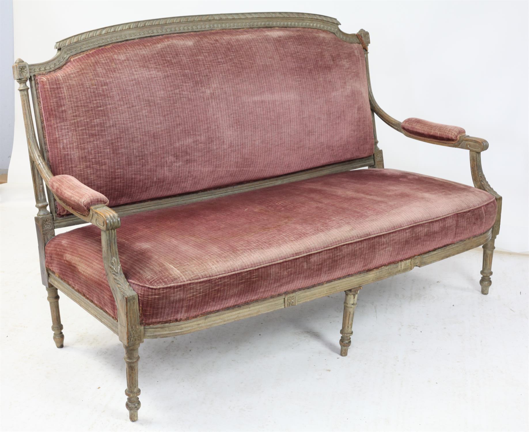 19th century French painted sofa, with carved decoration on turned and reeded legs, - Image 2 of 3