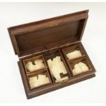 Early 20th century oak brass mounted box containing bone gaming chips, H8 x W32.5 x D18cm