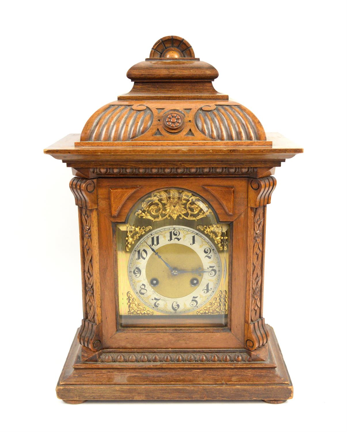 German walnut bracket clock by Junghans of architectural form, silvered Arabic chapter ring,