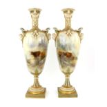 Royal Worcester pair of urn vases, painted by John Stinton with highland cattle scenes,