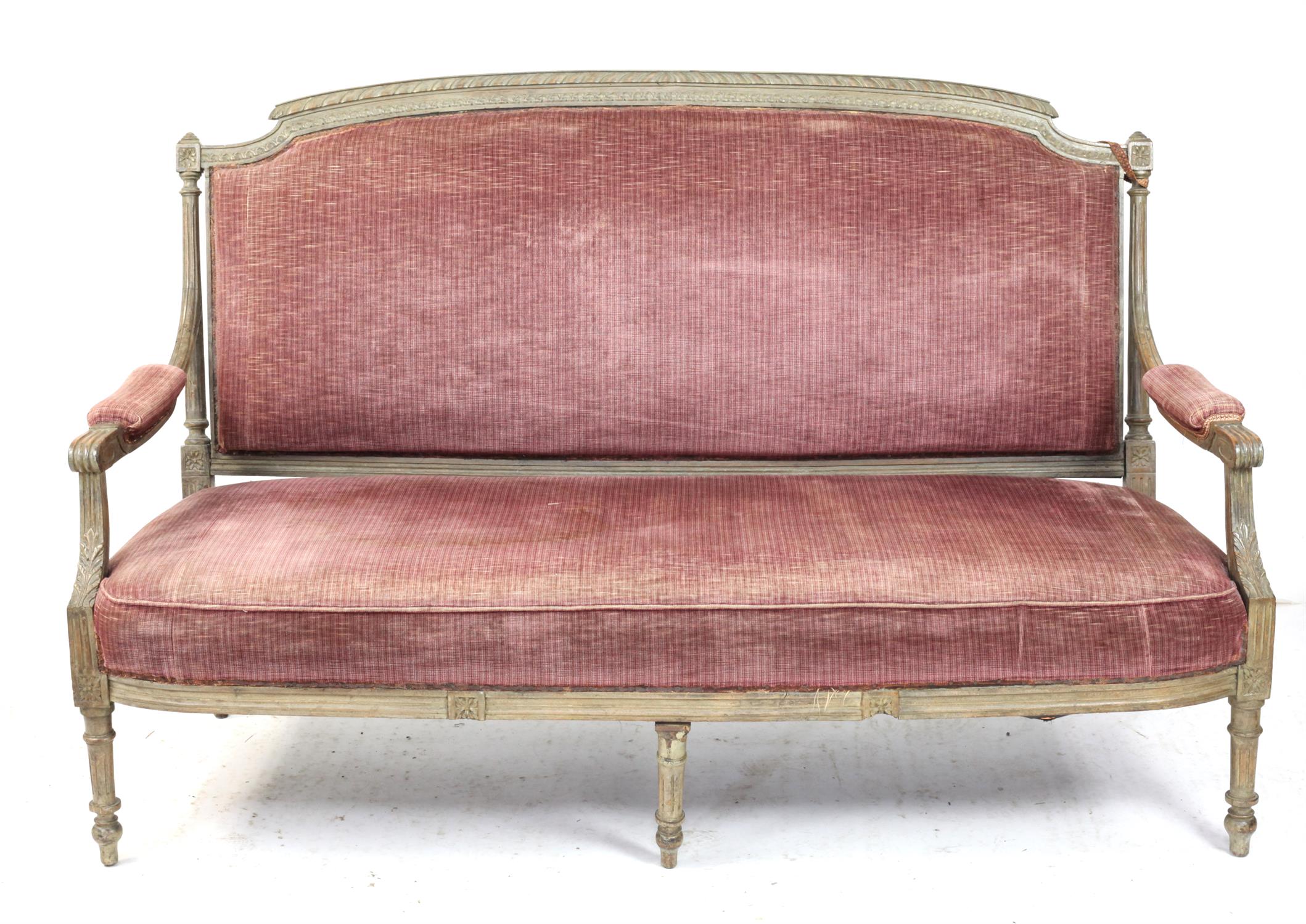 19th century French painted sofa, with carved decoration on turned and reeded legs,