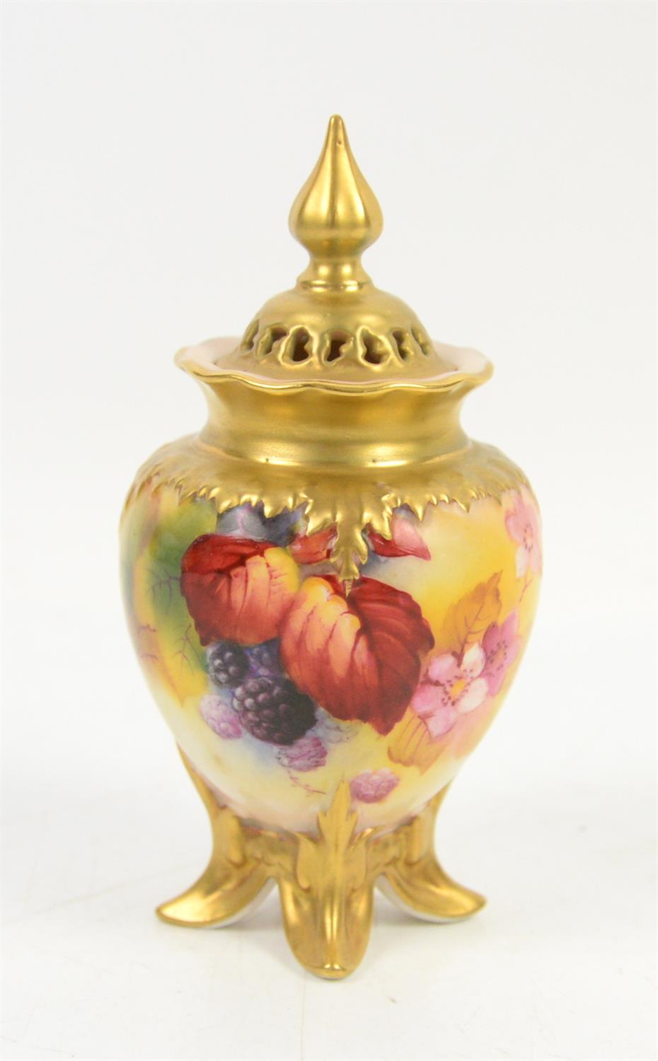 Royal Worcester small pot pourri vase with cover, painted with Autumn fruit by Kitty Blake and