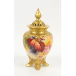 Royal Worcester small pot pourri vase with cover, painted with Autumn fruit by Kitty Blake and