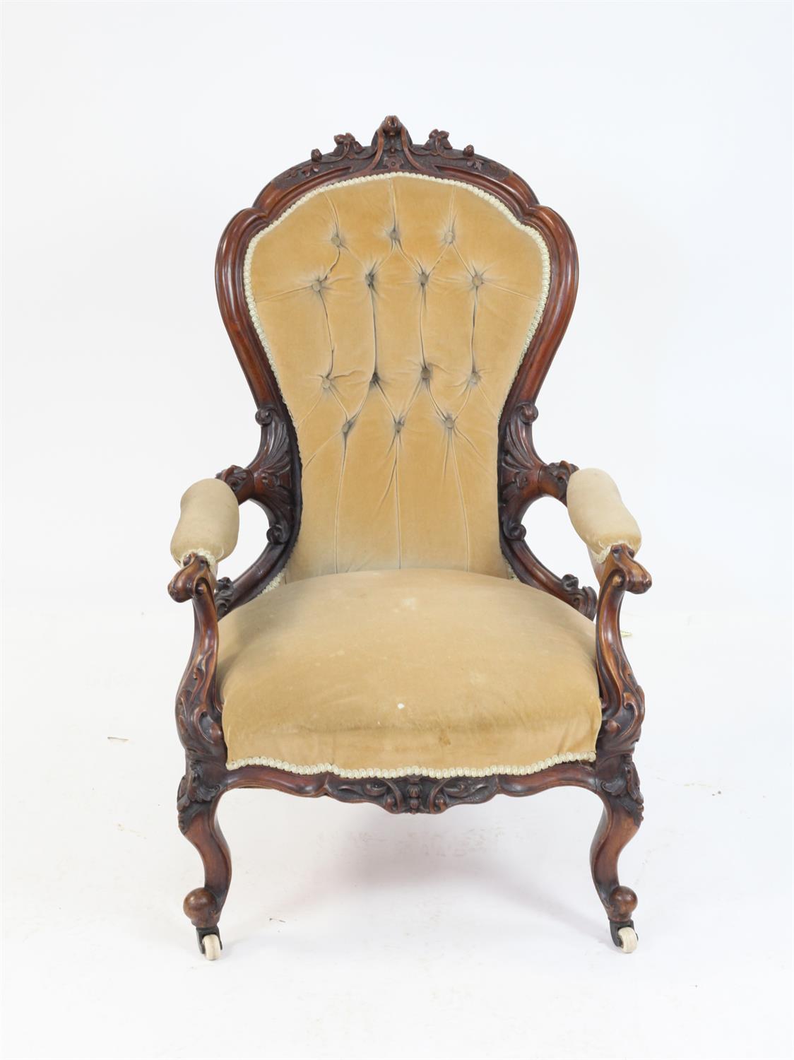 Victorian rosewood framed open armchair with carved back on carved cabriole legs
