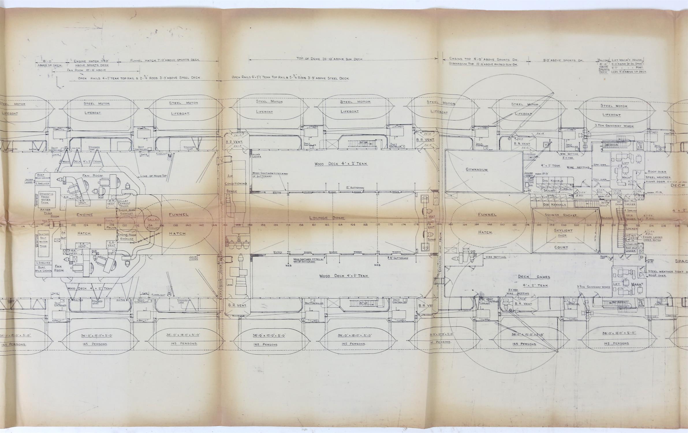 Full set of wartime deck plans for RMS Queen Mary, comprising 14 deck plans, each 2ft x 11ft and a - Image 51 of 80