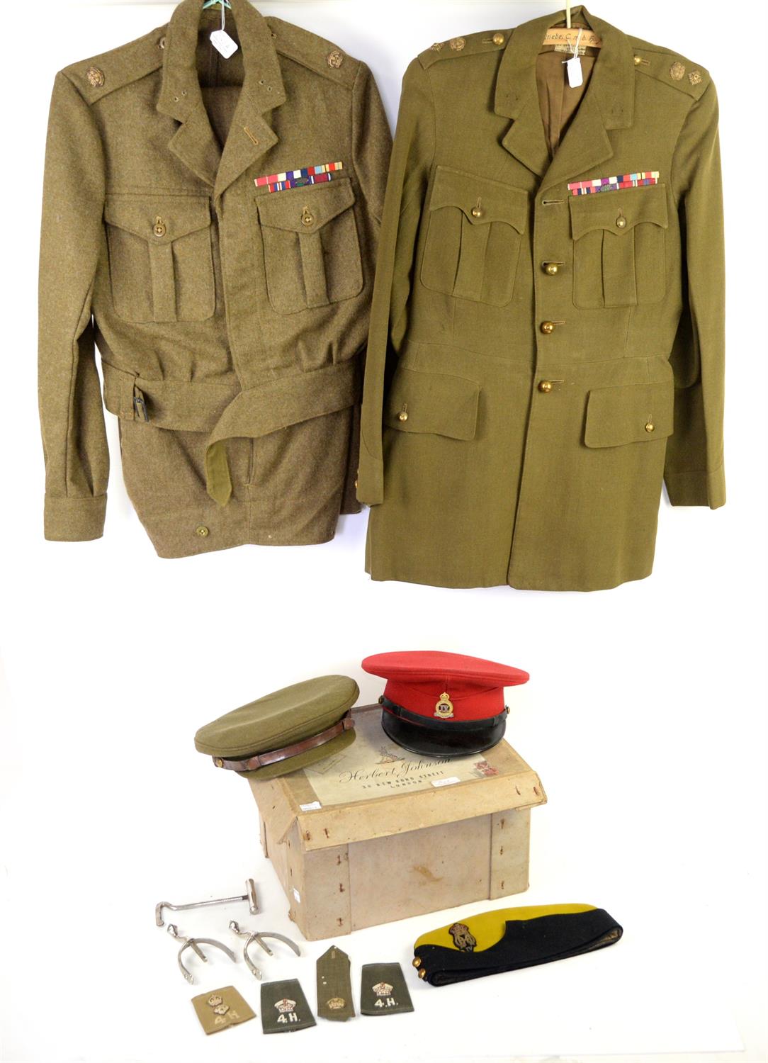 Collection of British Army uniforms and caps , to include WWII British Army dress uniform jacket