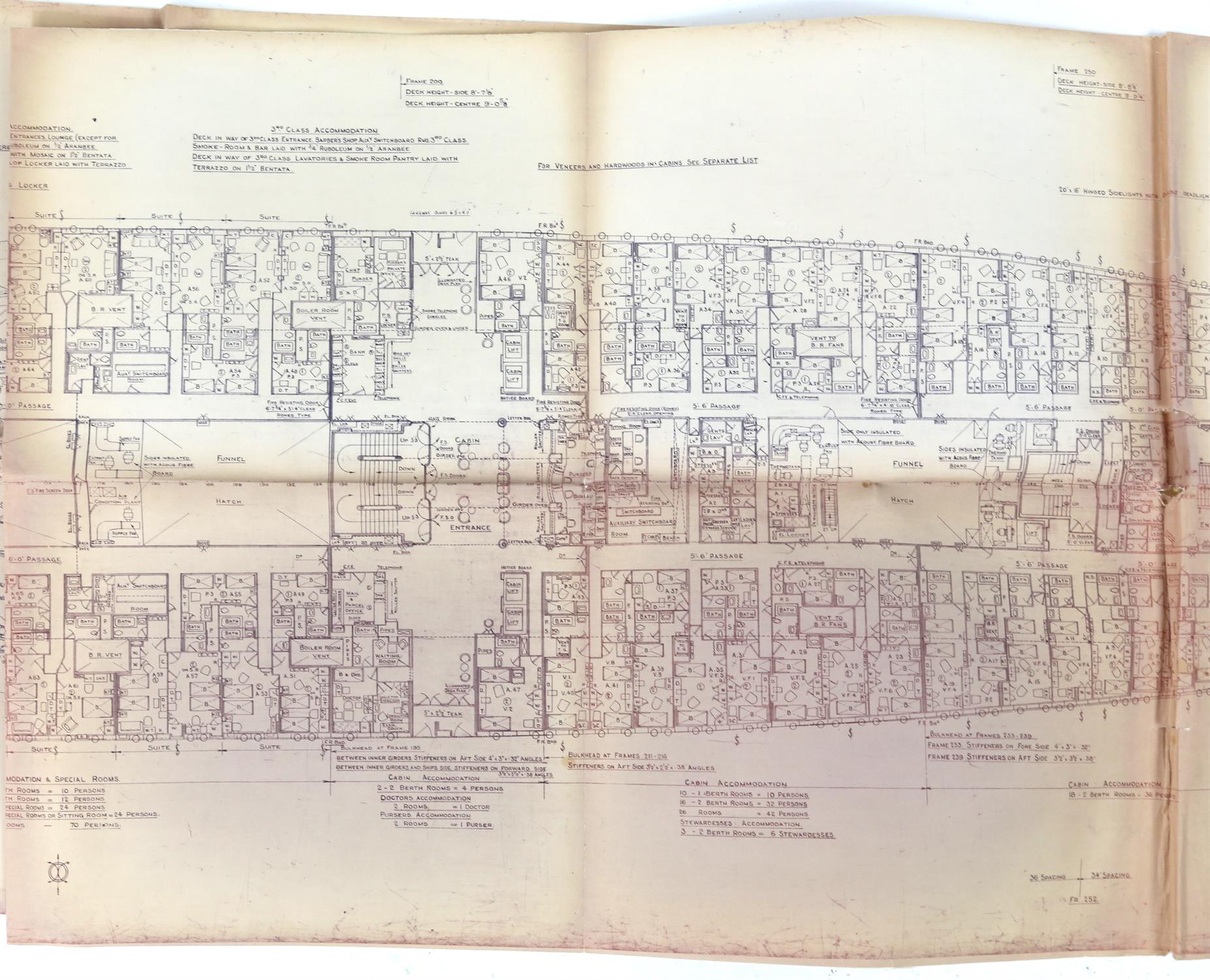 Full set of wartime deck plans for RMS Queen Mary, comprising 14 deck plans, each 2ft x 11ft and a - Image 67 of 80