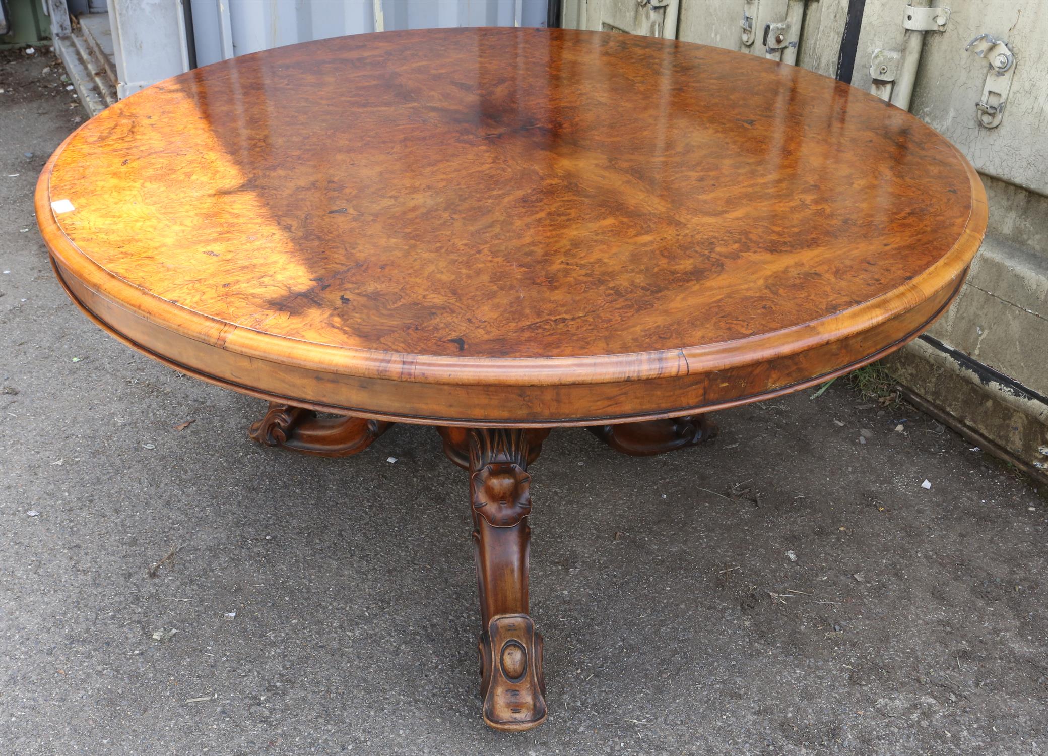 Victorian burr walnut circular breakfast table on carved column and trefoil base, 75cm high,