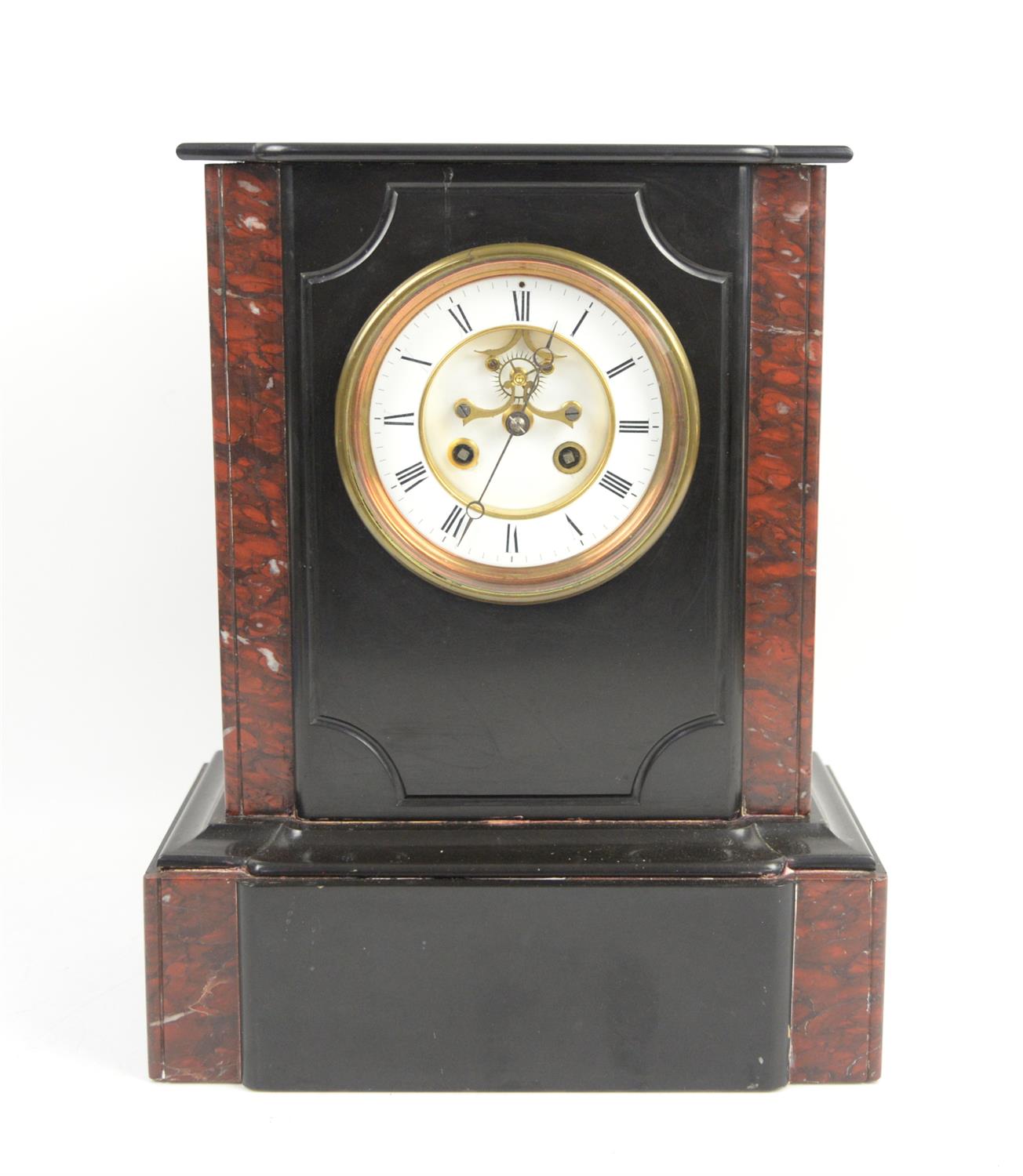 Late 19th century black slate and marble mantel clock with brocot visible escapement and Roman