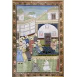 Three 20th century Indian paintings on fabric, the first with figures on horseback and spears,