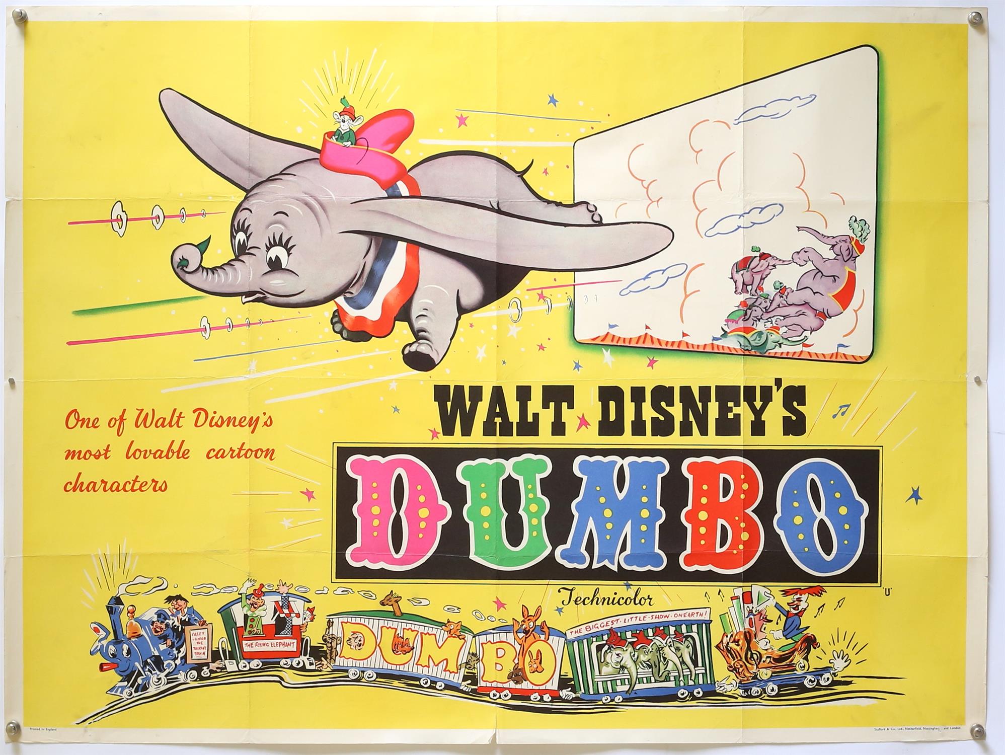 Walt Disney's Dumbo (R-1950's) British Quad film poster, folded, 30 x 40 inches.