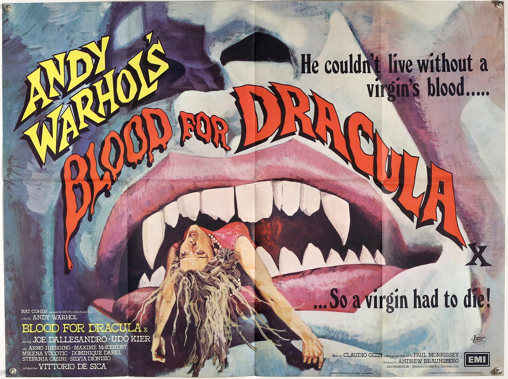 Andy Warhols Blood For Dracula (1974) British Quad film poster, folded, 30 x 40 inches.
