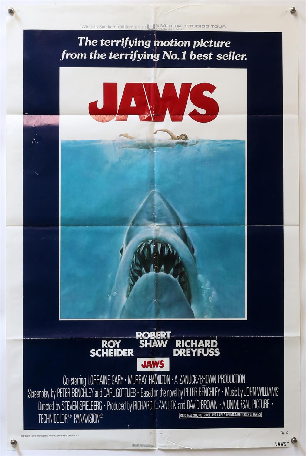 Jaws (1975) US One Sheet film poster, starring Richard Dreyfuss & Roy Scheider, folded,