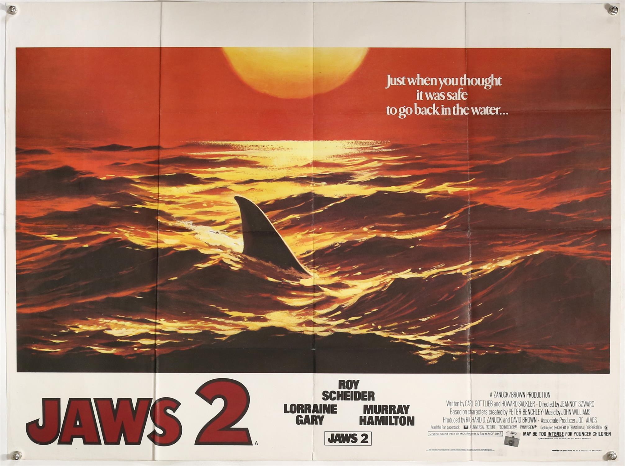 Jaws 2 (1978) British Quad teaser film poster, folded, 30 x 40 inches.