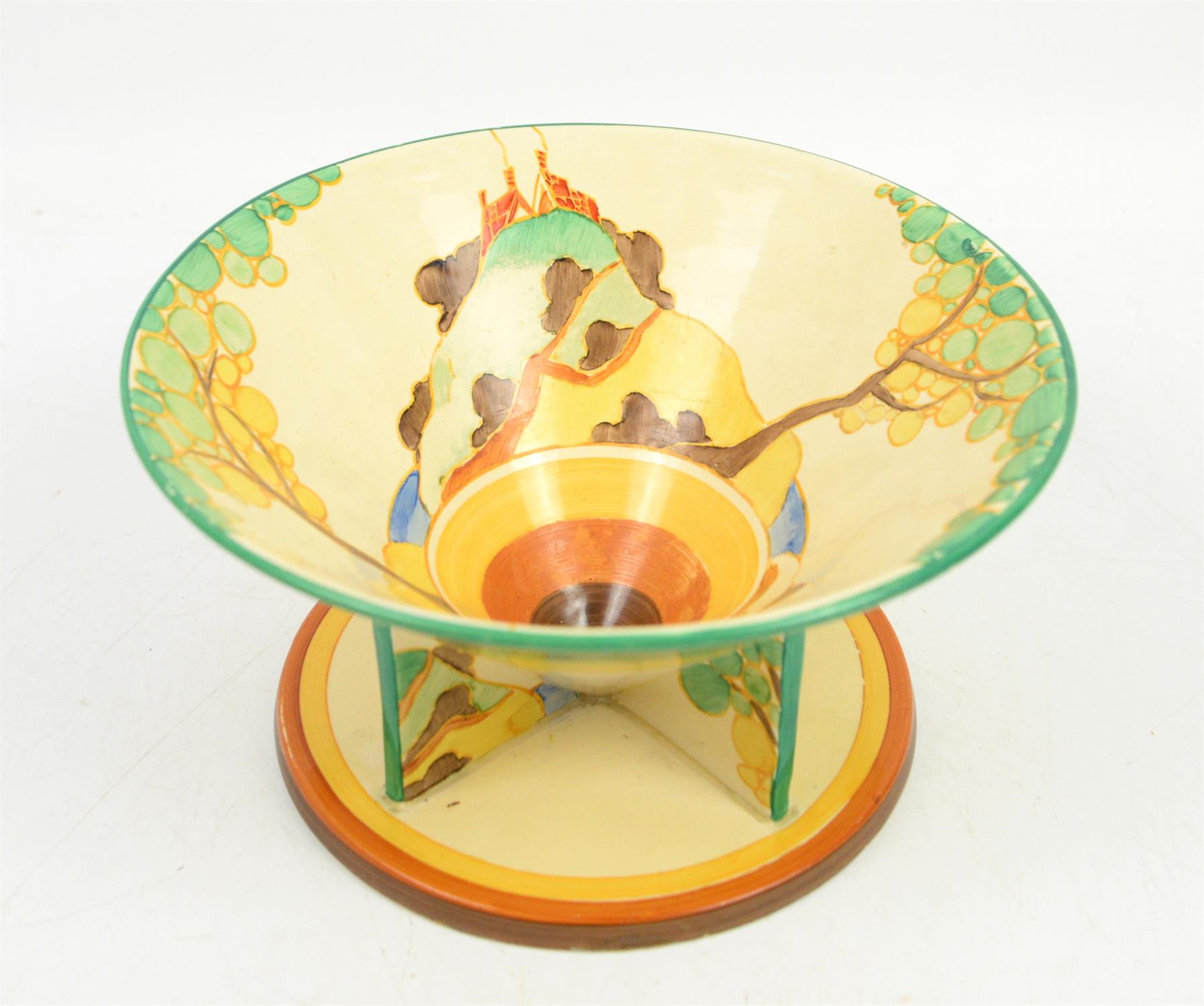 Clarice Cliff unusual Secrets pattern bowl on triangular feet with integral circular stand base, - Image 2 of 4