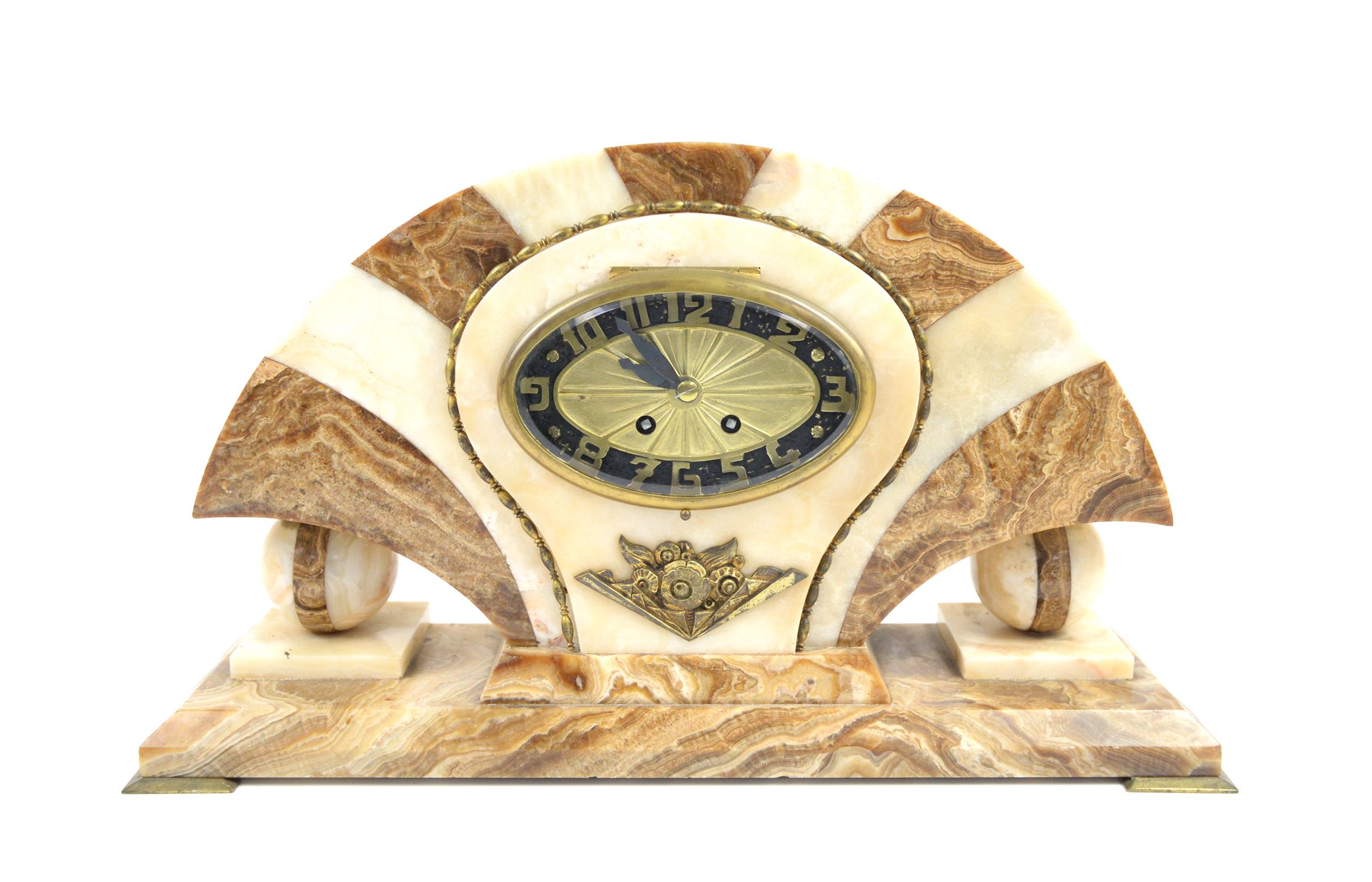 Art Deco marble mantel 8 day clock with oval arabic dial, French drum movement signed S.C.A.P.H.