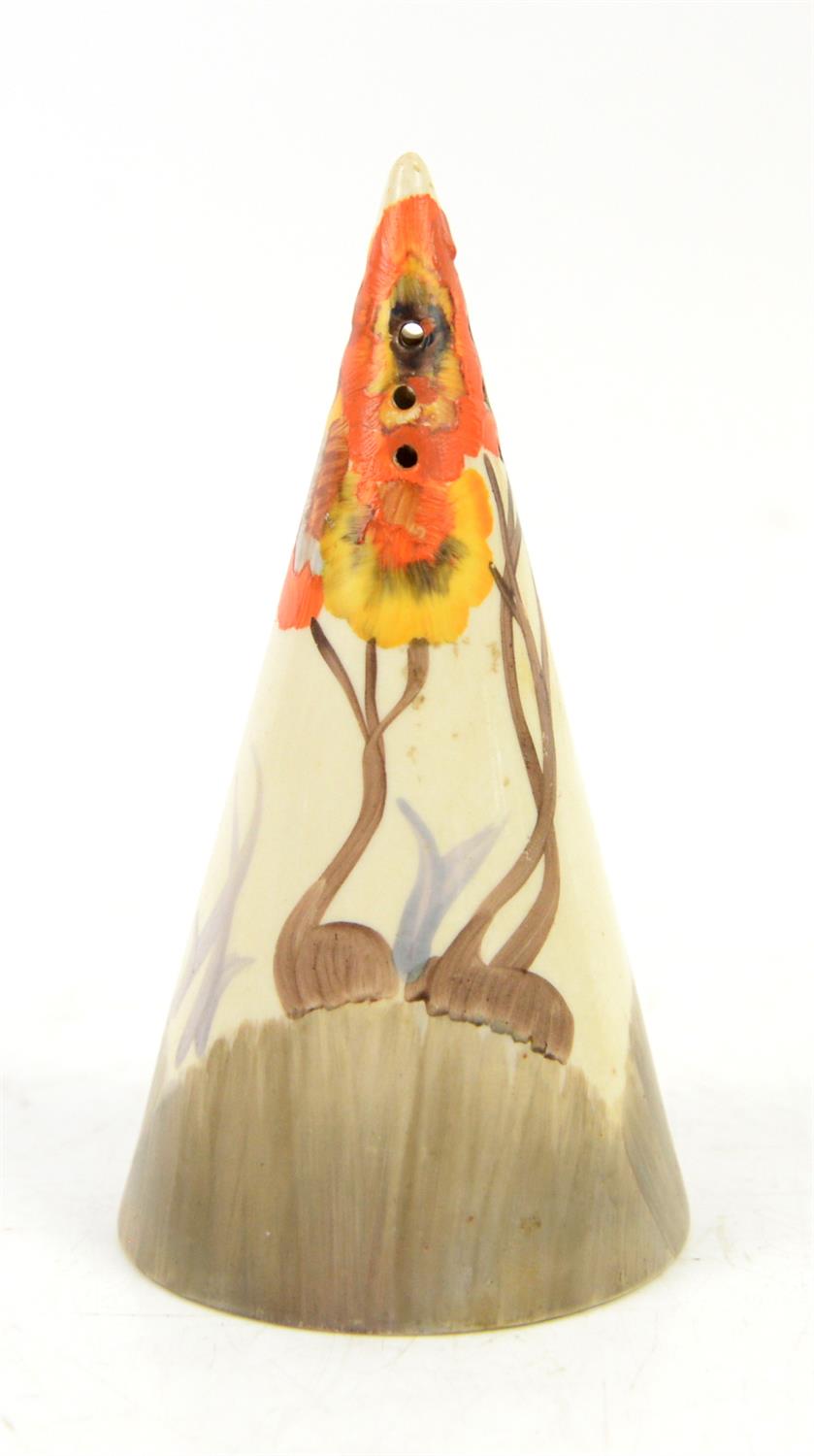 Clarice Cliff Bizarre conical sugar sifter, painted in the "Rhodanthe" pattern, having printed