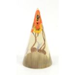 Clarice Cliff Bizarre conical sugar sifter, painted in the "Rhodanthe" pattern, having printed