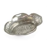 Osiris pewter oval bowl, with embossed leaf and bud decoration, engraved 'Osiris' 539, h7cm w29.