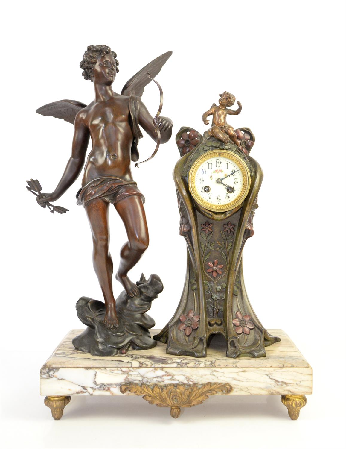 Art Noveau mantle clock mounted with a figure of Cupid on a marble base, the two train movement