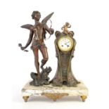 Art Noveau mantle clock mounted with a figure of Cupid on a marble base, the two train movement