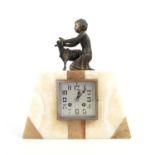 French Art Deco marble eight mantel clock, with spelter figure of a girl with a sheep,