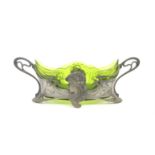 Art Nouveau WMF silver plated flower dish with original green cut glass liner. Stamped marks.