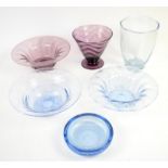 Whitefriars amethyst glass bowl, 25cm Dia, a similar vase 15.5cm H, two light blue bowls, 25cm dia,