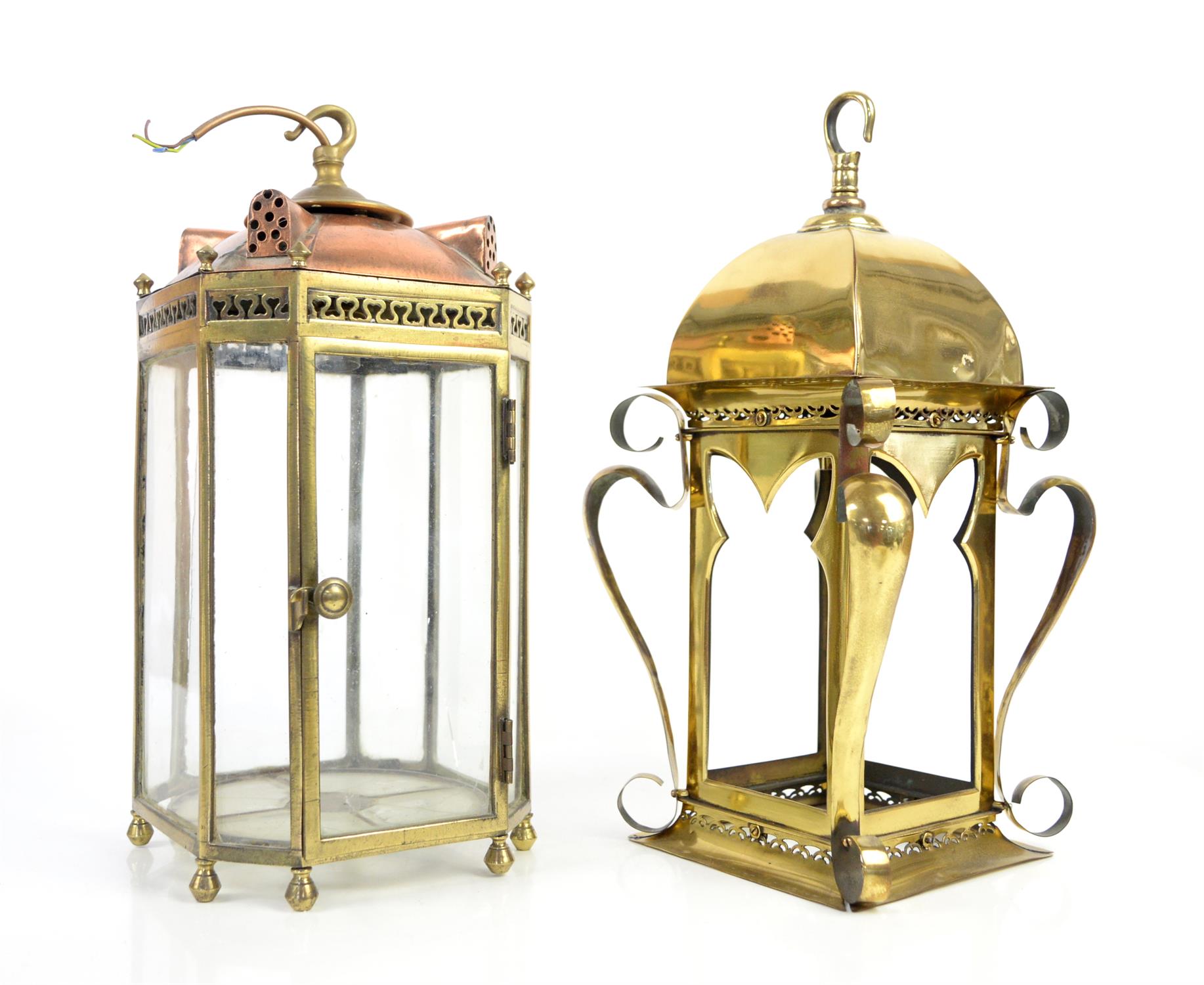 Early 20th century brass hall lamp 43cm and a copper and brass hall lamp 34cm