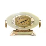 French marble Art Deco clock gilt metal mounted, drum movement signed E.M. Paris,