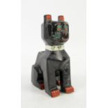 Louis Wain ceramic cubist cat spill vase, the black body decorated in green and orange,