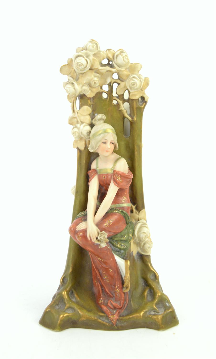 Ernst Wahliss for Turn Vienna, Art Nouveau figural vase modelled as a maiden seated against a