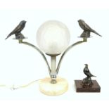 Art Deco bird lamp with chrome branches supporting two birds mounted either side of textured opaque