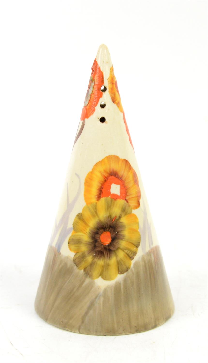 Clarice Cliff Bizarre conical sugar sifter, painted in the "Rhodanthe" pattern, having printed - Image 2 of 3