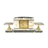 Art Deco marble clock garniture, the central 8 day clock with square gilt dial with Arabic numerals,