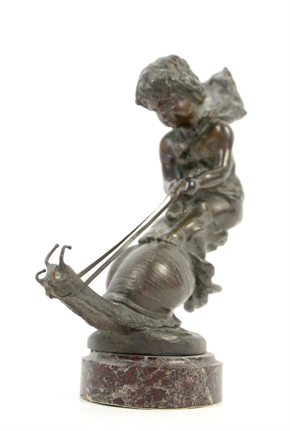 Art Nouveau bronze figure of a young boy or putto riding a snail, inscribed Galral de Serezin, h22. - Image 2 of 3