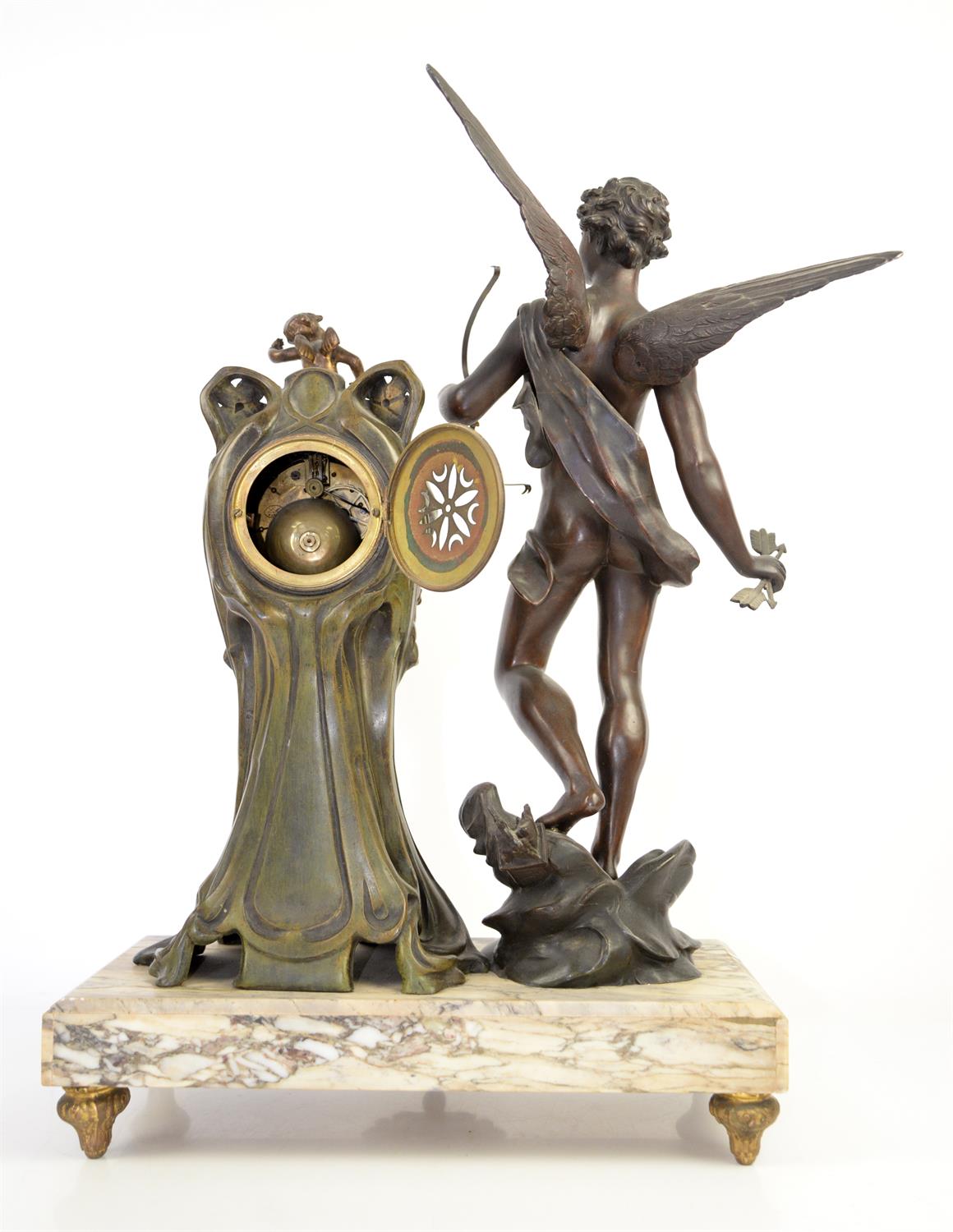 Art Noveau mantle clock mounted with a figure of Cupid on a marble base, the two train movement - Image 2 of 2