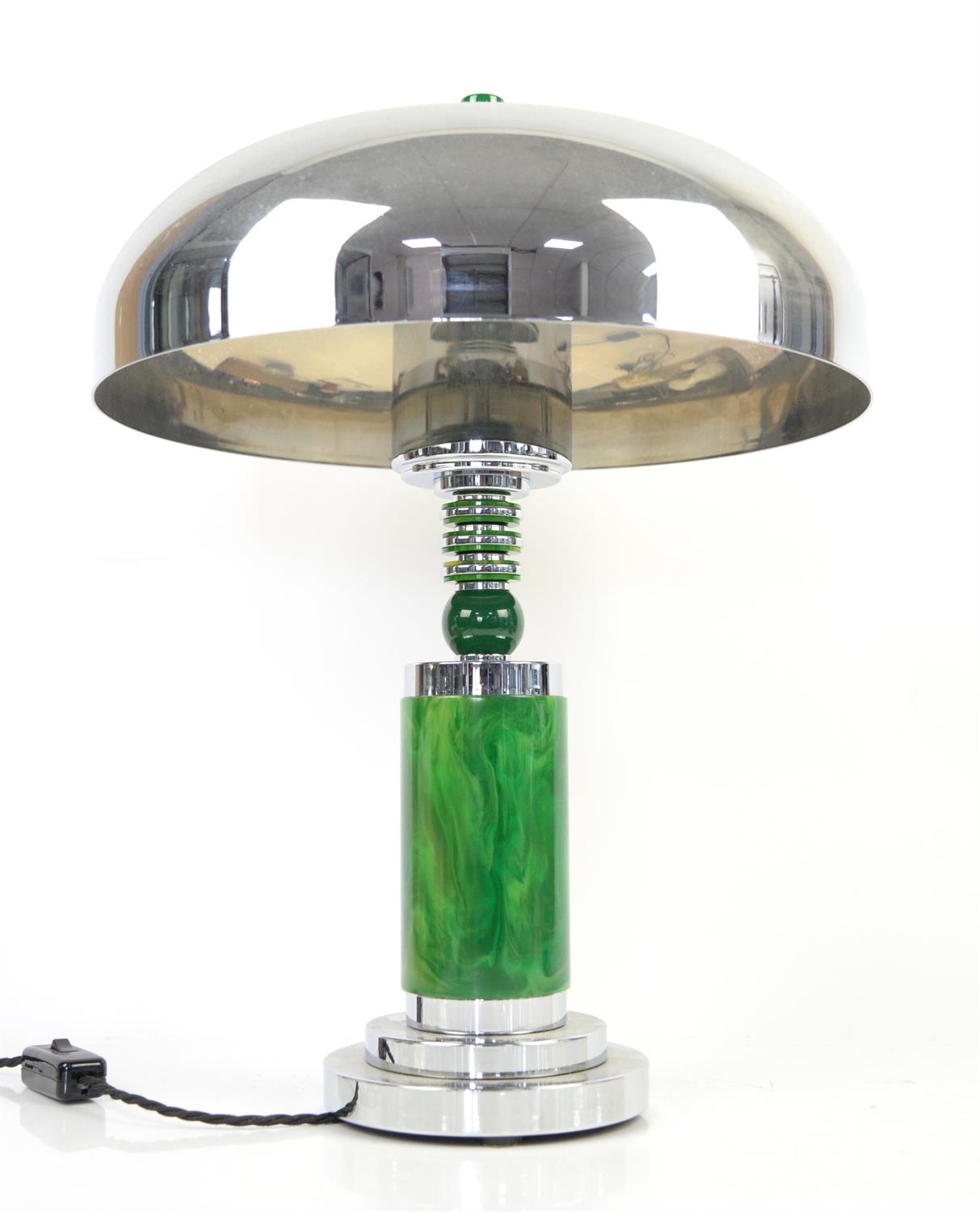 Green Art Deco style table lamp with chrome domed top, 48cm high,