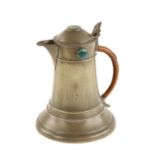 Arts and crafts pewter lidded jug with Ruskin type Pottery cabochons by Connell of Cheapside,