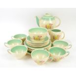 Susie Cooper Dresden Spray tea set pattern 1014, comprising a teapot, milk jug, bowl, six tea cups,