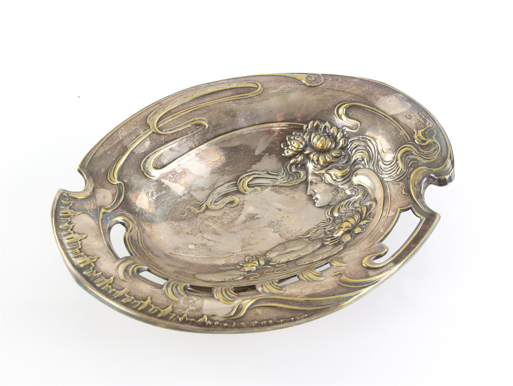 Austrian Art Nouveau silver plated dish, with nymph and water lilies, on spreading base, H7 x W29.