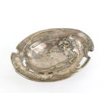 Austrian Art Nouveau silver plated dish, with nymph and water lilies, on spreading base, H7 x W29.