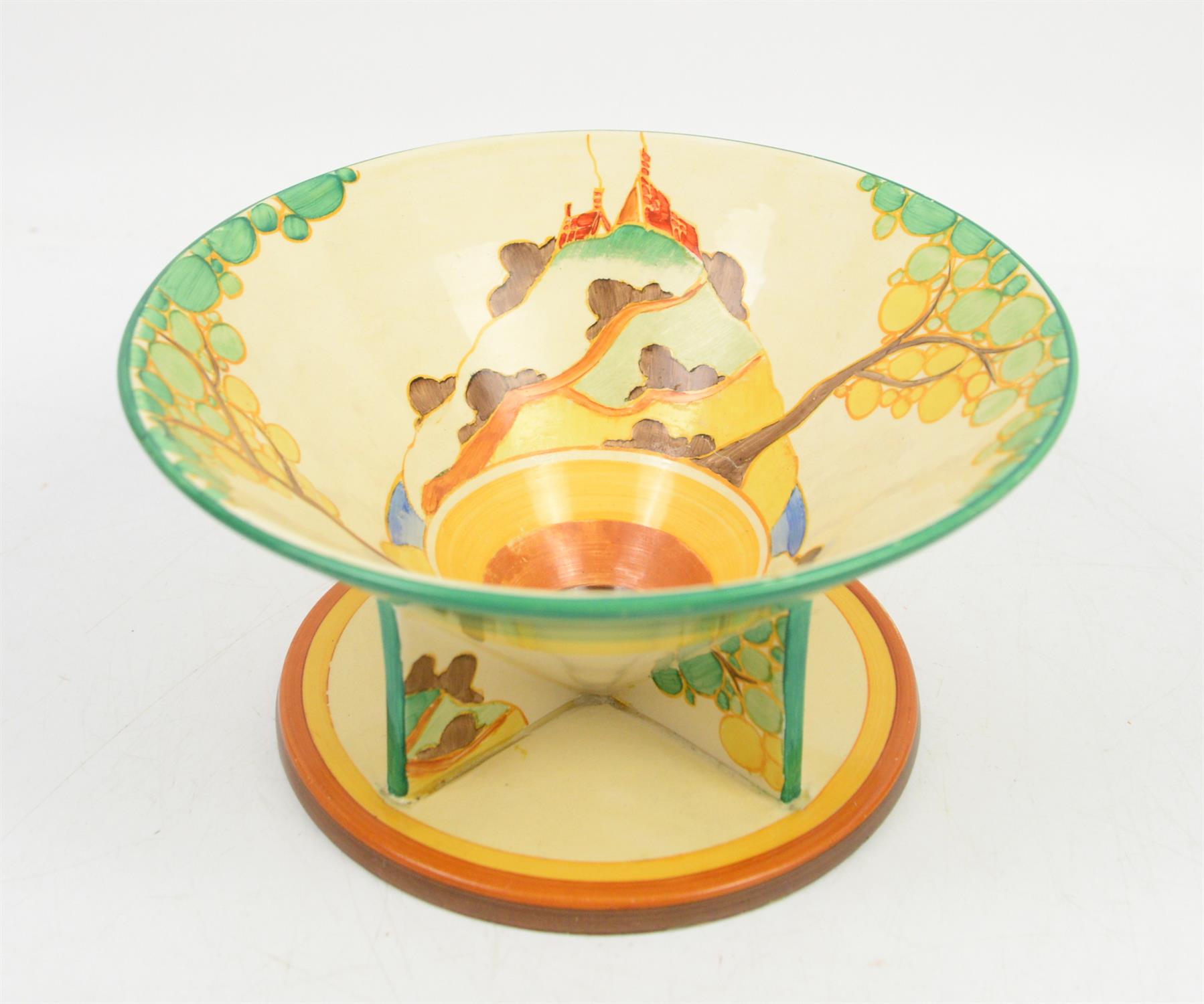 Clarice Cliff unusual Secrets pattern bowl on triangular feet with integral circular stand base,