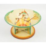 Clarice Cliff unusual Secrets pattern bowl on triangular feet with integral circular stand base,