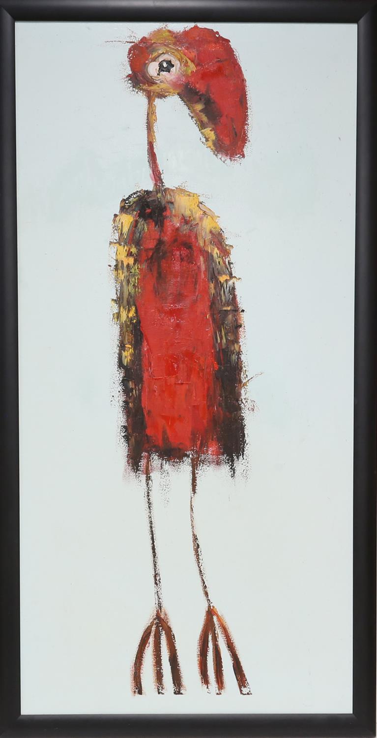 Contemporary abstract oil on canvas of a bird, in black frame, 119 x 58cm